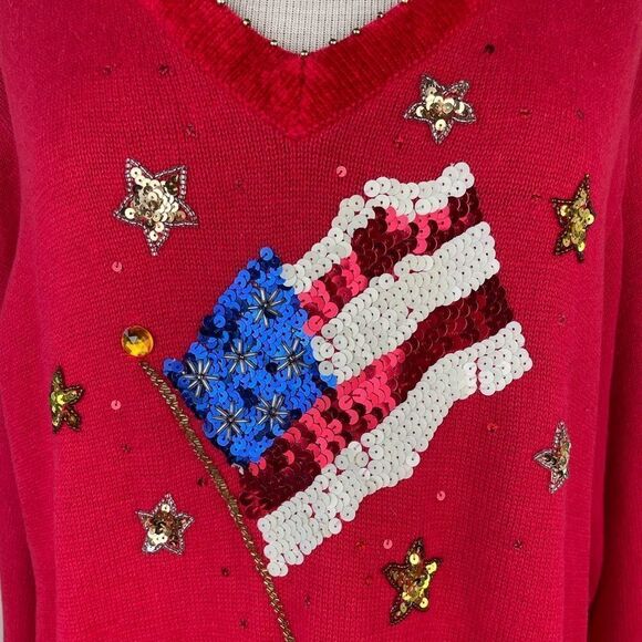 Quacker Factory American Flag V-Neck Sweater Size 1X - Picture 3 of 8